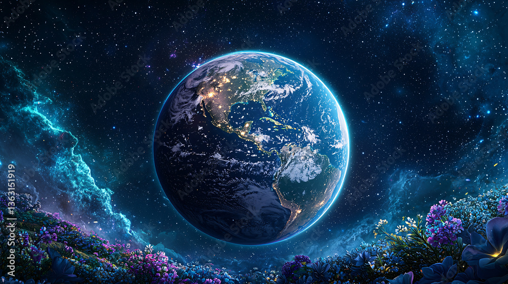 Obraz premium Earth in Celestial Garden of Cosmic Flowers Beneath Starry Nebula Glowing World Wonders Showcase