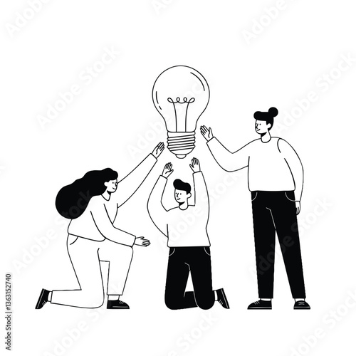 Illuminating Ideas: A graphic depiction showcases a team's collaborative effort to manifest a brilliant idea symbolized by a lightbulb, representing innovation.