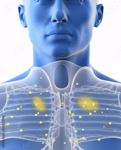 A detailed illustration of an air nosepiece connected to the infection spreading from the nose to the lungs.

