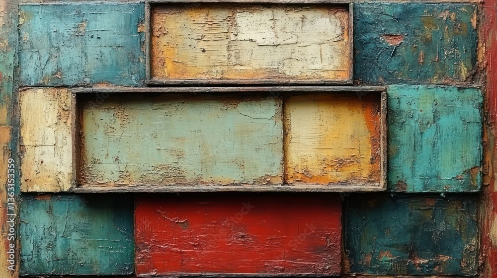 Abstract Textured Rectangular Canvas Painting in Teal, Red, and Beige Hues Abstract Textured Rectangular Canvas Painting in Teal, Red, and Beige Hues