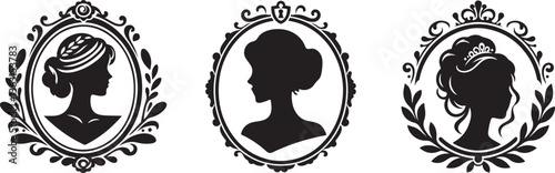 Collection of elegant vintage woman silhouettes profile in ornate classic cameo frames