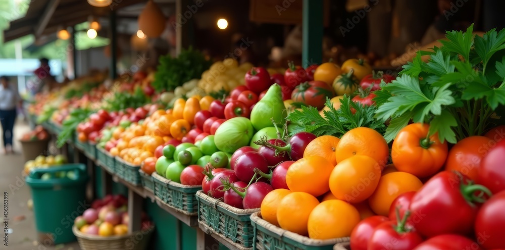 Vibrant fruits and vegetables on display at rural Thai market, fresh, Thailand, colorful Vibrant fruits and vegetables on display at rural Thai market, fresh, Thailand, colorful