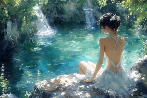 Woman serene waterfall pool.