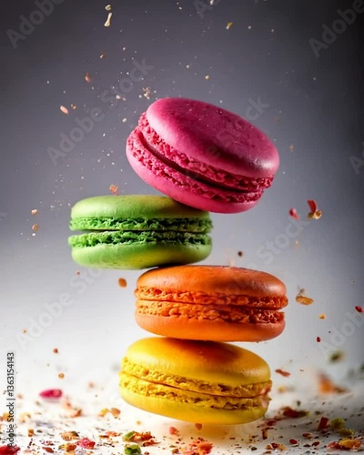 Four vibrant multi colored macarons, floating gracefully in space, surrounded by a flurry of shavings, create a delightful and visually appealing scene, perfect for any sweet tooth.
