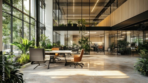 Corporate office with floor-to-ceiling glass panels, green interior spaces, and solar-powered lighting. generative ai
