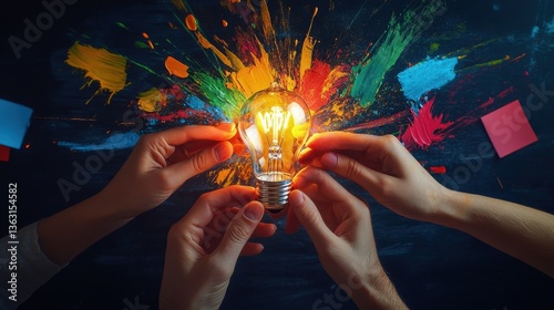 Multiple hands holding glowing light bulb	