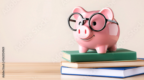 Scholarly Piggy Bank Stacked on Knowledge Books Symbolizing Financial Literacy and Future Savings