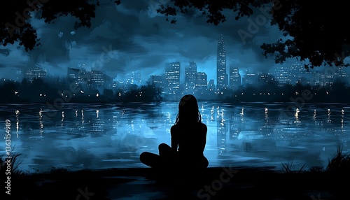 Woman Silhouetted with Night Cityscape.