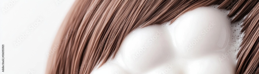 Fototapeta premium Hair strands coated in creamy shampoo, glowing under soft lighting