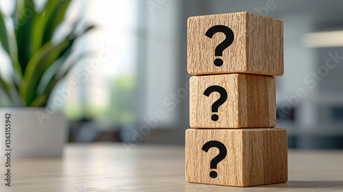 Stack of Wooden Blocks with Question Marks a Concept of Inquiry and Uncertainty in Decorative Setting photo