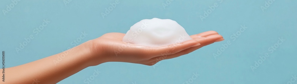 Fototapeta premium Silky foam covering a hand, delicate skincare aesthetic