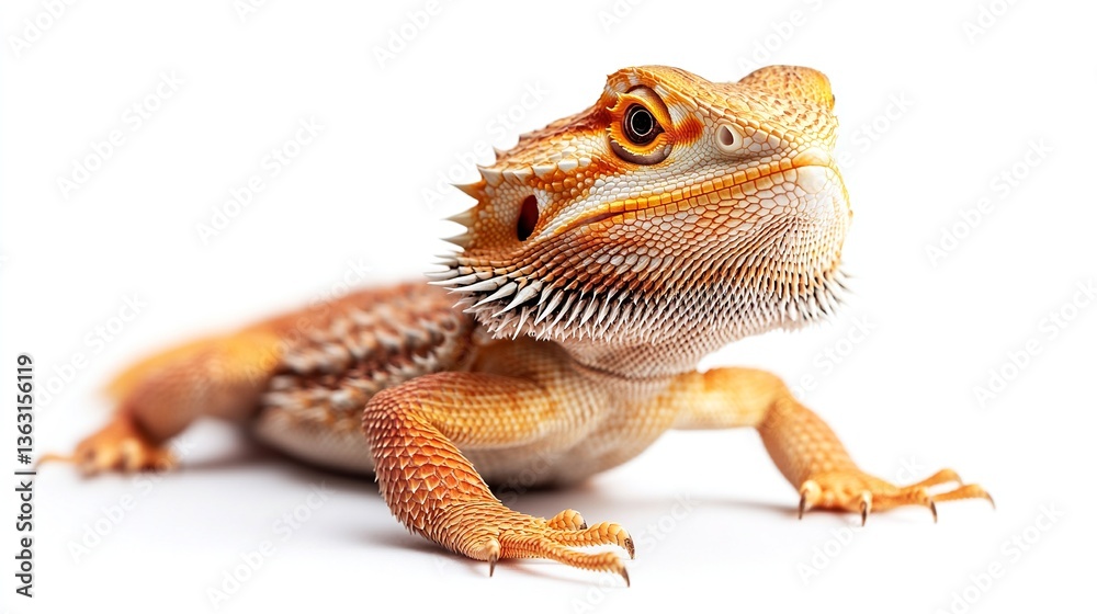 Fototapeta premium Close-up of an orange bearded dragon on a white background. Its scales and texture are clearly visible.