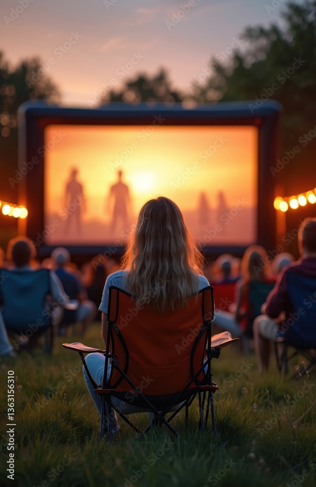 © Pete - Young woman enjoys outdoor movie night. Group watches film on screen in open air cinema under orange sunset sky. Leisure activity concept. Film showing in park. © Pete - Young woman enjoys outdoor movie night. Group watches film on screen in open air cinema under orange sunset sky. Leisure activity concept. Film showing in park.