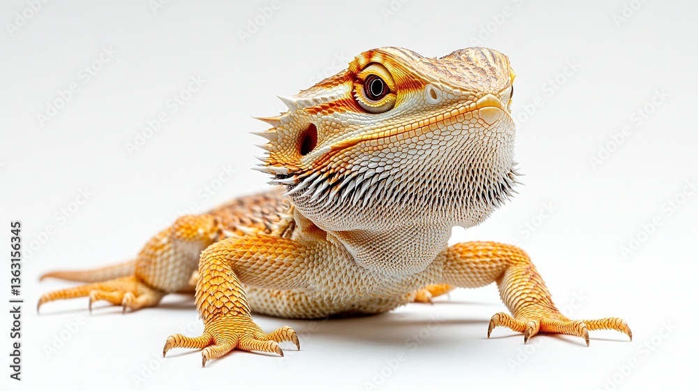 Obraz premium Close-up of an orange and white bearded dragon lizard. Its scales and unique features are beautifully detailed against a clean white background.