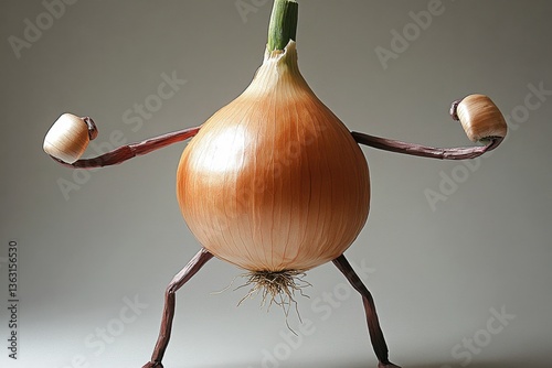 Onion with arms and boxing gloves in funny pose	
