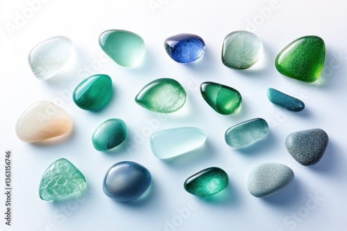 Variety of sea glass pebbles on white background	