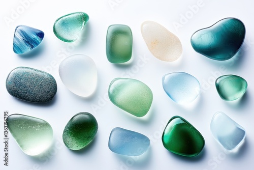 Variety of sea glass pebbles on white background	