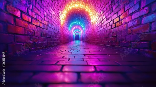 Colorful LED Lights Illuminate a Mystical Tunnel in Urban Setting