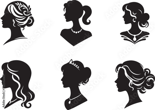 Elegant women's silhouettes showcasing timeless hairstyles and jewelry, in a classic black and white design.