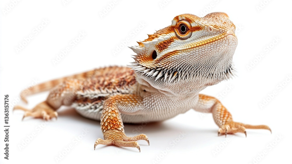 Obraz premium Close-up of a bearded dragon, showcasing its intricate scales and vibrant colors against a white background.