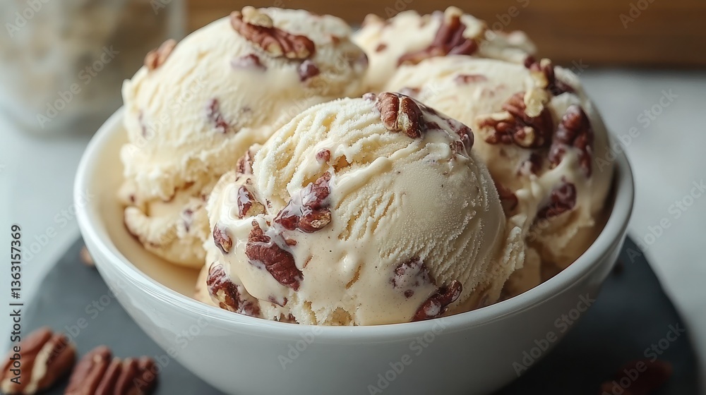 Creamy pecan ice cream scoops in a bowl Creamy pecan ice cream scoops in a bowl