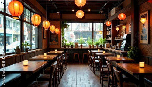 Vintage Japanese ramen shop with wooden tables, lanterns, and traditional decor, Japanese, traditional, ramen