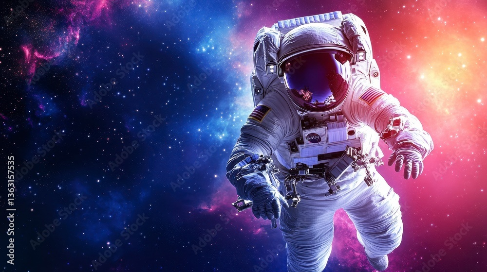 Fototapeta premium Astronaut floats in vibrant nebula, cosmic background, blue and pink hues, detailed spacesuit, low light dramatic