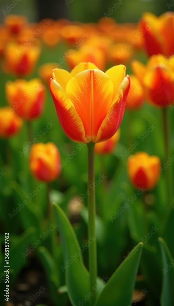 Orange tulip flower in a field of green grass, orange, petals Orange tulip flower in a field of green grass, orange, petals