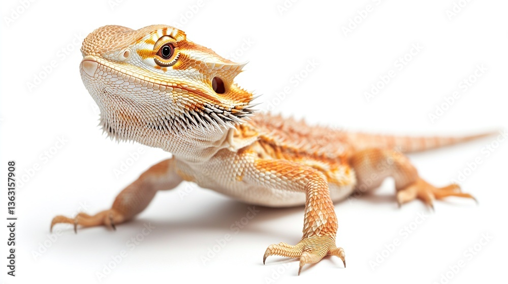 Obraz premium Close-up of an orange and white bearded dragon lizard against a white background. The reptile is looking to the left of the frame, displaying its unique features and textures.