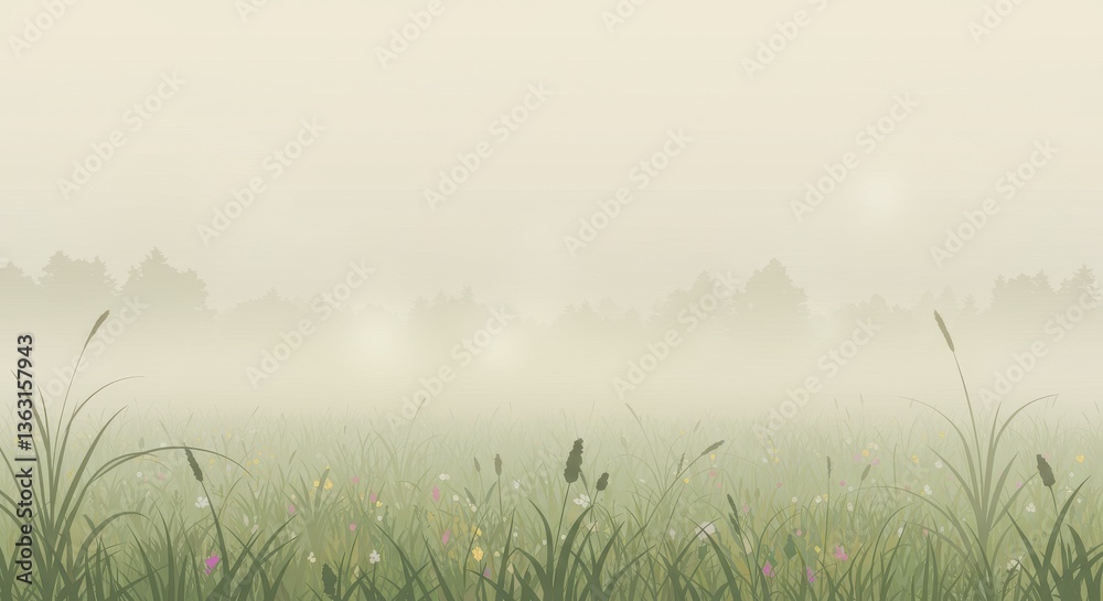 Obraz premium Serene misty landscape with wildflowers in a tranquil field at dawn