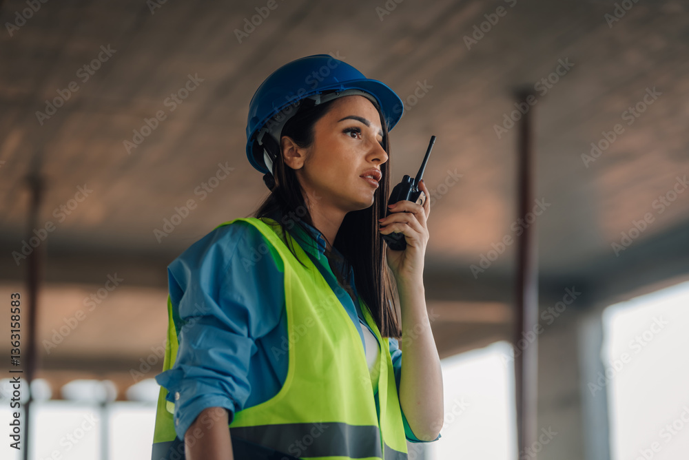 Female engineer communicating on walkie-talkie at construction site Female engineer communicating on walkie-talkie at construction site