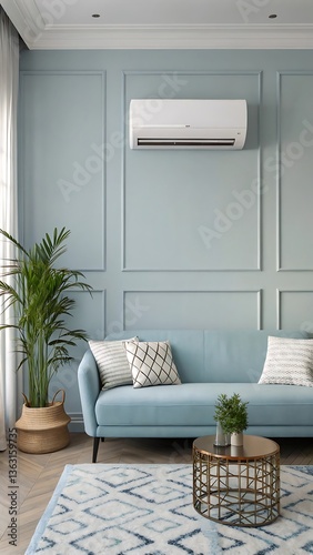 Stylish Living Room Interior with Comfortable Sofa, Ornamental Plant, Air Conditioner, and Decorative Rug in Soft Tones.