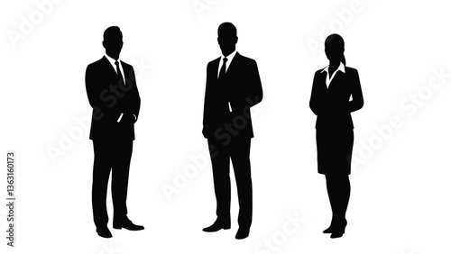 Business silhouettes: Capturing three professional figures in sharp silhouette, ready to conquer challenges, in a formal business setting, conveying a sense of professionalism and ambition.