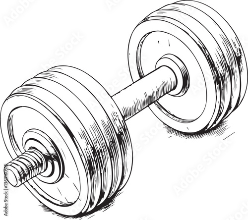 Dumbbell Weight Gym Black and White Vector Illustration, Sketch Drawing Line Linear Engraving, Hand-drawn Isolated