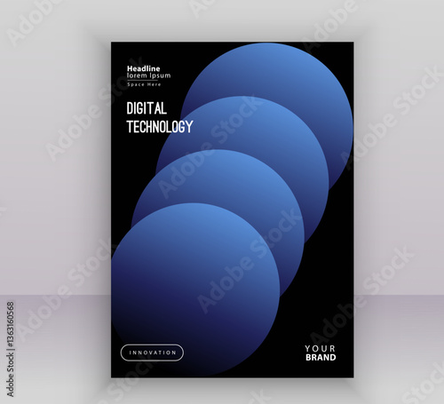 A modern abstract poster design featuring overlapping blue gradient spheres on a black background, futuristic and minimalistic cover is ideal for technology, innovation, and digital themes