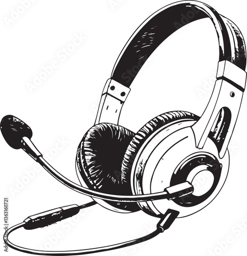 Headphones with Microphone Earphones Headset Black and White Vector Illustration, Sketch Drawing Line Linear Engraving, Hand-drawn Isolated