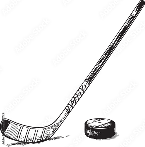 Ice hockey stick and puck Black and White Vector Illustration, Sketch Drawing Line Linear Engraving, Hand-drawn Isolated