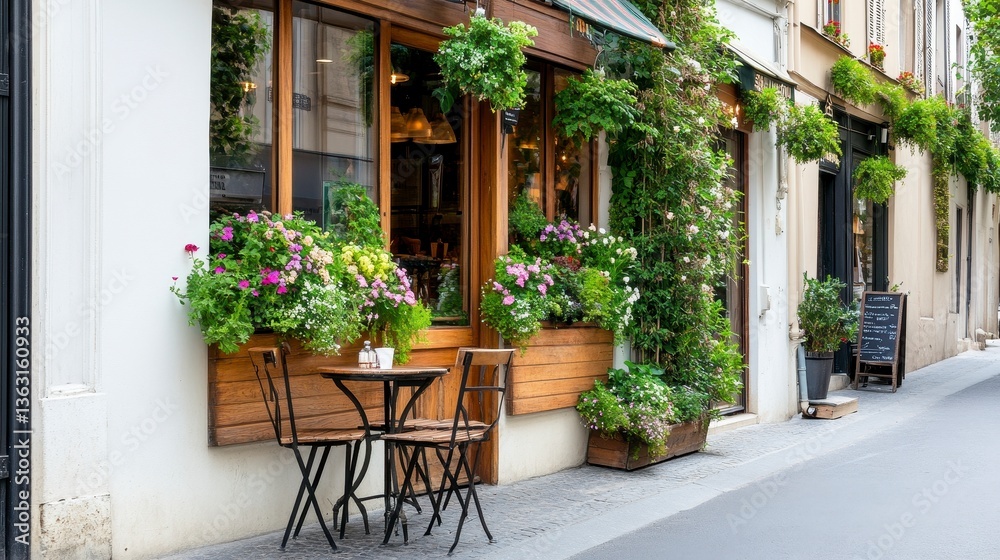 Naklejka premium Charming Parisian street cafe with lush greenery and flowers adorns the building. Small table and chairs sit outside