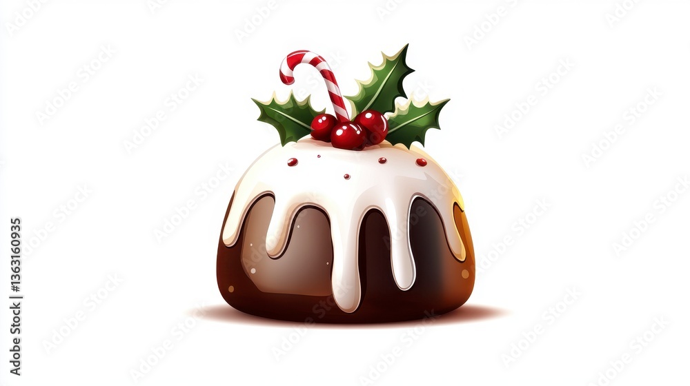 Fototapeta premium Christmas pudding decorated with holly, candy cane, and white icing against a white background