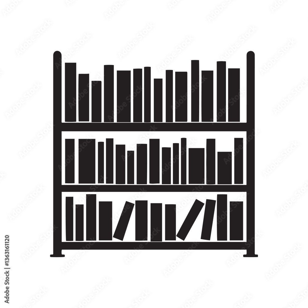 Obraz premium Bookshelf icon, minimalist design, black and white, library silhouette 