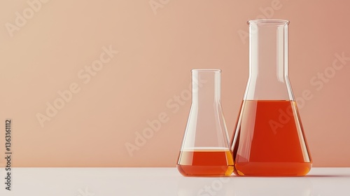 Two lab flasks with orange liquid on table	