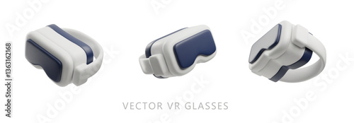Set of vector 3D VR headsets, gaming equipment in cartoon style.