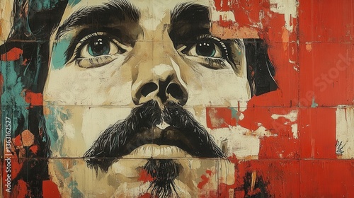 Striking Mural Portrait of a Man with Intense Gaze and Mustache