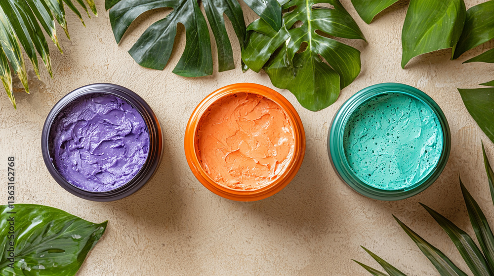 Three open jars of colorful cream, surrounded by tropical leaves on textured surface Three open jars of colorful cream, surrounded by tropical leaves on textured surface
