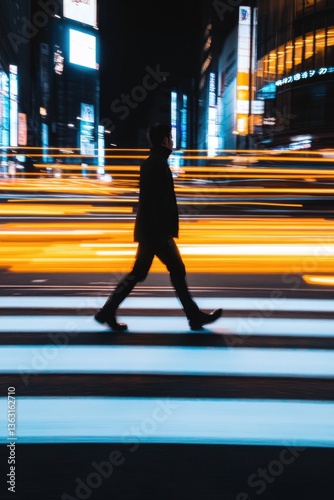 Man walking through city crosswalk at night	