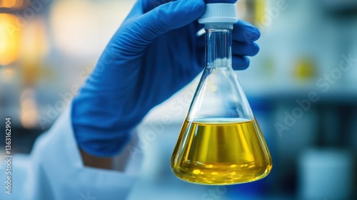 Laboratory flask with yellow liquid held by hand	