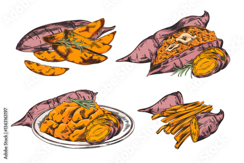 Vector illustration of a set with the image of sweet potatoes in cooked and raw form.