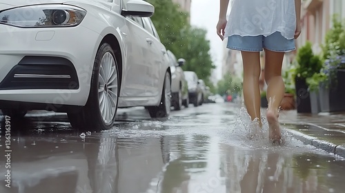 Woman walking barefoot in rain puddle.