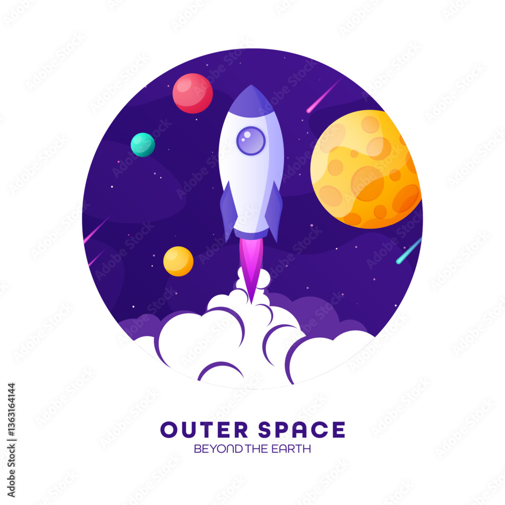Rocket launch, space futuristic colorful background with planets and stars. Cartoon starship, spaceship in night sky. Solar system, galaxy and universe exploration. Vector illustration