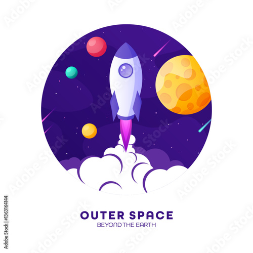Obraz na płótnie Rocket launch, space futuristic colorful background with planets and stars. Cartoon starship, spaceship in night sky. Solar system, galaxy and universe exploration. Vector illustration w salonie